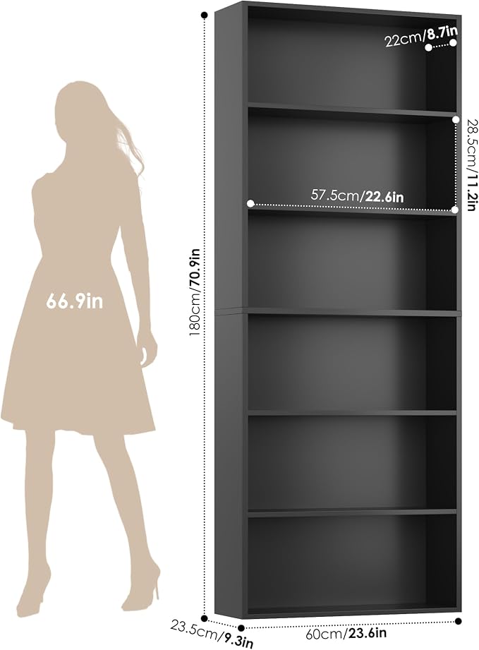 FOTOSOK 6-Tier Open Bookcase and Bookshelf, Freestanding Display Storage Shelves Tall Bookcase for Bedroom, Living Room and Office, Black