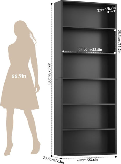 FOTOSOK 6-Tier Open Bookcase and Bookshelf, Freestanding Display Storage Shelves Tall Bookcase for Bedroom, Living Room and Office, Black