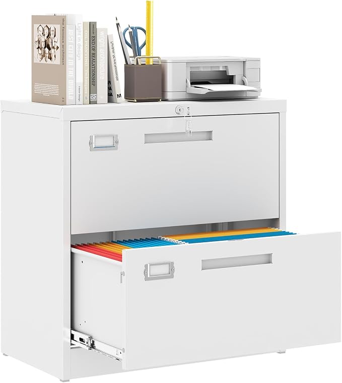 MIIIKO Lateral 2 Drawer File Cabinet,White Metal Filing Cabinets with Lock, Metal Storage File Cabinets for Home Office,Hanging Files Folders Letter/Legal/A4 Size