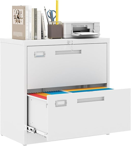 MIIIKO Lateral 2 Drawer File Cabinet,White Metal Filing Cabinets with Lock, Metal Storage File Cabinets for Home Office,Hanging Files Folders Letter/Legal/A4 Size