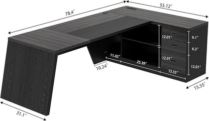 Epecoya 78 Inch L Shape Executive Desk, Large Modern Home Office Desk with Drawer and Cord Hold Management, Wooden Business Furniture for CEO Boss Manager, Black Gray