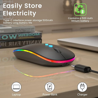 Halpilt LED Wireless Mouse A100S Rechargeable Portable Silent Mouse with Optional USB and Type-C Receiver 3-Speed Adjustable DPI for PC/Mac/Laptop (Frosted Black)
