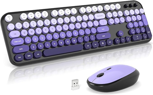 Atelus Wireless Keyboard and Mouse, Typewriter Full Size Keyboard with Number Pad and 2 in 1 USB Connected Mouse for Windows 7/8/10, Laptop, Desktop, PC, Computer (Black Purple)
