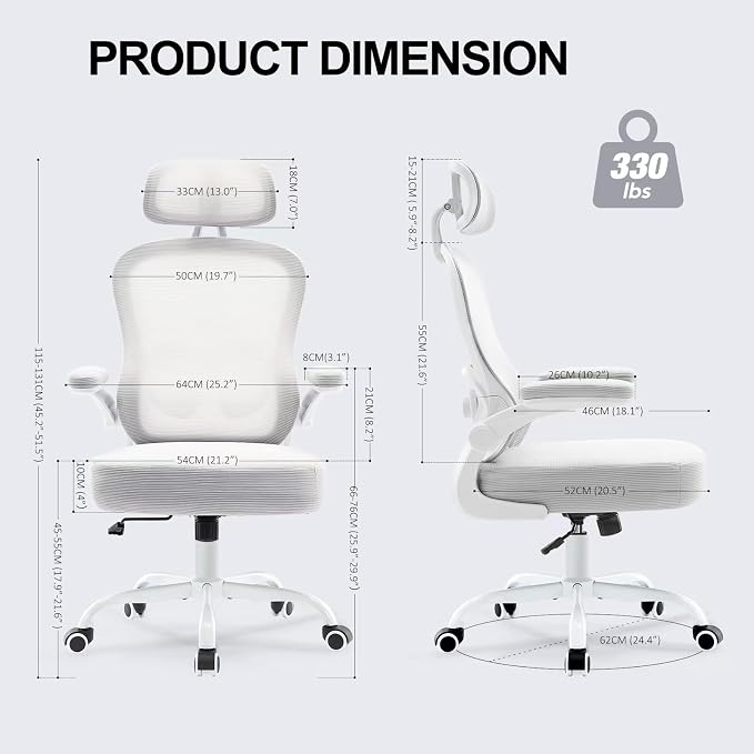 Ergonomic Office Chair,Ultra Thick Office Desk Chair with Adjustable Lumbar Support and Headrest,Spring Cushion,Rocking Function,Flip-up arms,Mesh Computer Chair for Home Office,Grey