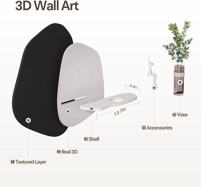 Troartos 3D Black and White Abstract Wall Art Decor, Modern Minimalist Textured Artwork for Walls with Vase, Sandstone Paintings Wall Decor for Living Room, Dining Room, Hallway, Bedroom, Office