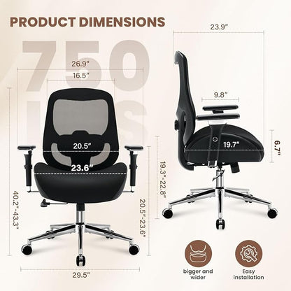 700lbs Big and Tall Office Chair for Heavy People Ergonomic Mesh Desk Chair with Wide Thick Seat Cushion,Adjustable Lumbar Support and 4D Armrests for Aitting All Day