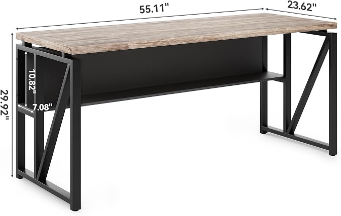 LITTLE TREE 55-Inch Executive Office Desk, Large Computer Desk with Storage Shelf, Executive Desk with Metal Frame, Thickened Desktop, Study Writing Desk Work Station for Home Office, Grey Black