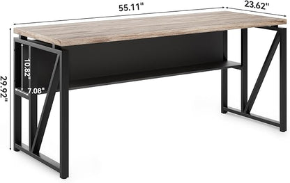 LITTLE TREE 55-Inch Executive Office Desk, Large Computer Desk with Storage Shelf, Executive Desk with Metal Frame, Thickened Desktop, Study Writing Desk Work Station for Home Office, Grey Black