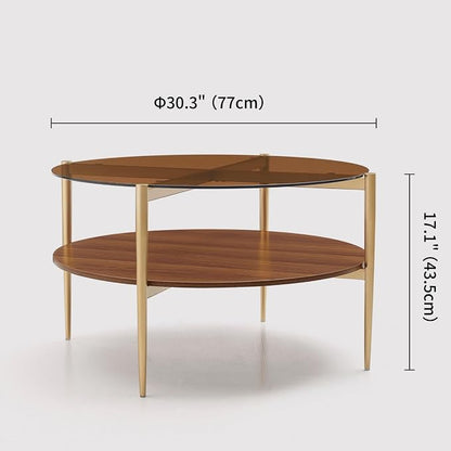 LumFurn Round Coffee Table, Mid-Century Modern Design, D30 x H17, for Living Room, 2-Tier Structure, Amber Glass Top and Walnut MDF Shelf, Sleek Conical Metal Legs with Gold Finish
