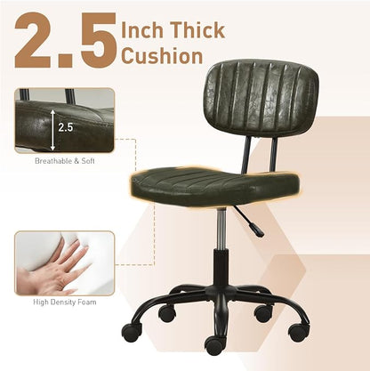 DRMBOOK Small Home Office Desk Chair with Wheels, Armless Comfy Vanity Chair Swivel Computer Task Chair No Arms, Modern Height Adjustable Low Back Rolling Chair for Small Space (PU Leather Green)