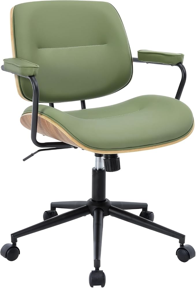 Mid Century Modern Office Chair with Adjustable Backrest, Wooden Desk Chair with Armrests, Swivel Height Adjustable Home Office Chair, Comfortable Task Chair for Home Office, Green