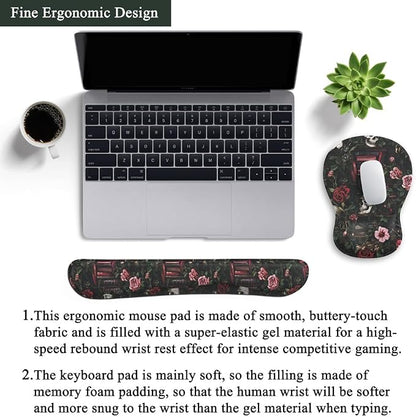 Gothic Skull Rose Ergonomic Mouse Pad with Wrist Rest & Keyboard Wrist Support Set - Non-Slip Gaming Office Desk Mat, Comfortable Memory Foam Cushion for Computer/Laptop Users, Home Office Workers