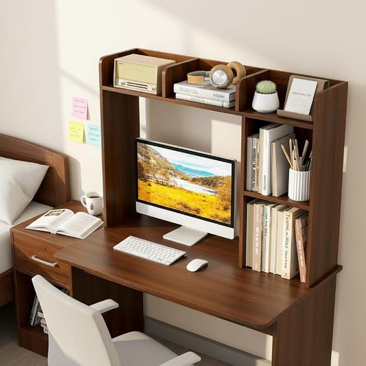 Tangkula Desktop Bookshelf, Countertop Storage Hutch with Shelves for Computer Desk, Desk 3-Tier Display Rack, Multipurpose Wood Desktop Hutch Storage Organizer for Dorm Office (Walnut)