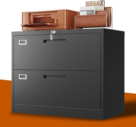 BYNSOE 2 Drawer Lateral File Cabinet Metal Filing Cabinet with Lock Office Home Steel Lateral File Cabinet for A4 Legal/Letter Size Lockable Wide Metal Cabinet,Assembly Required(2 Drawer, Black)