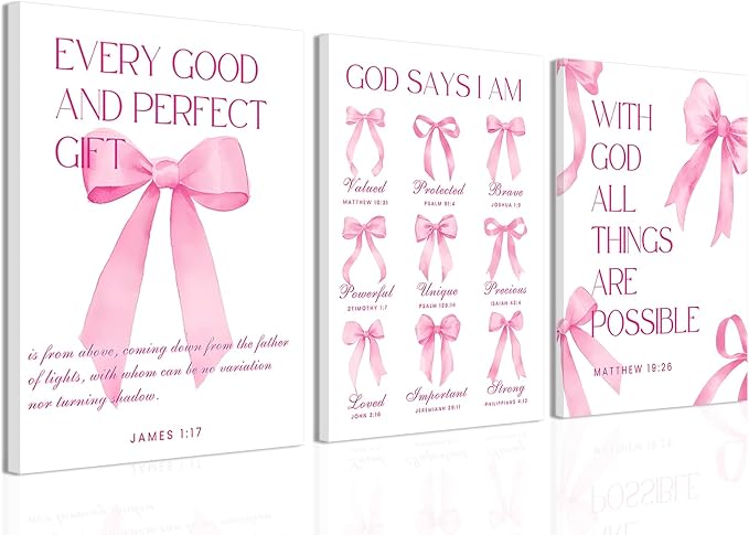 Coquette Pink Bow Wall Art Decor Canvas Posters Framed, Inspirational Bible Verses Bow Wall Decor,Room Bedroom Bathroom Decor Aesthetic for Teen Girls Gifts, 16x24 Inch Set of 3 Bow Pictures
