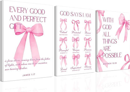 Coquette Pink Bow Wall Art Decor Canvas Posters Framed, Inspirational Bible Verses Bow Wall Decor,Room Bedroom Bathroom Decor Aesthetic for Teen Girls Gifts, 16x24 Inch Set of 3 Bow Pictures
