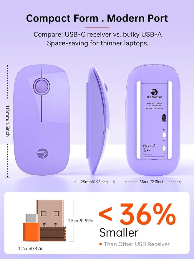 RAPIQUE Type C Wireless Mouse for USB-C Devices, Slim Silent Mouse with USB-C Receiver, 800/1200/1600 DPI, AA Battery Powered, Portable 2.4GHz Wireless Mouse for MacBook, iPad Pro, Laptop – Purple