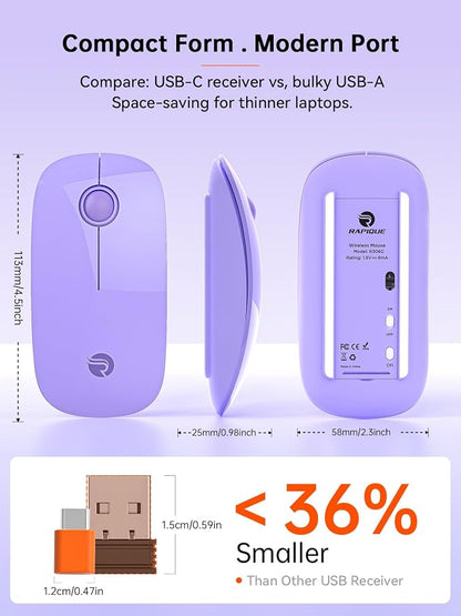 RAPIQUE Type C Wireless Mouse for USB-C Devices, Slim Silent Mouse with USB-C Receiver, 800/1200/1600 DPI, AA Battery Powered, Portable 2.4GHz Wireless Mouse for MacBook, iPad Pro, Laptop – Purple