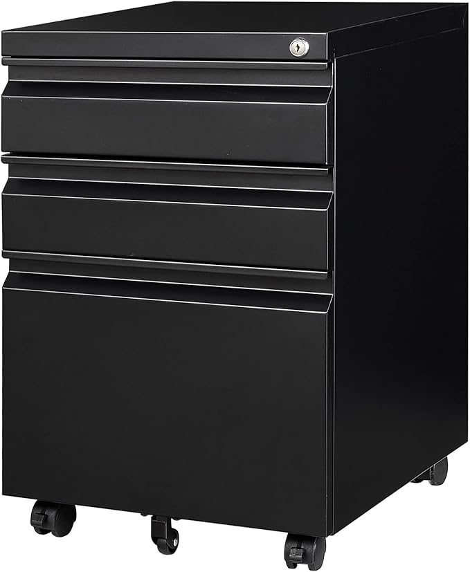 Yizosh 3 Drawer Mobile File Cabinet with Lock, Black Under Desk Rolling Filing Cabinet, Metal Locking File Cabinet on Wheels for Legal/Letter/A4 File (Full Assemble)