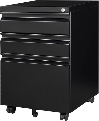 Yizosh 3 Drawer Mobile File Cabinet with Lock, Black Under Desk Rolling Filing Cabinet, Metal Locking File Cabinet on Wheels for Legal/Letter/A4 File (Full Assemble)
