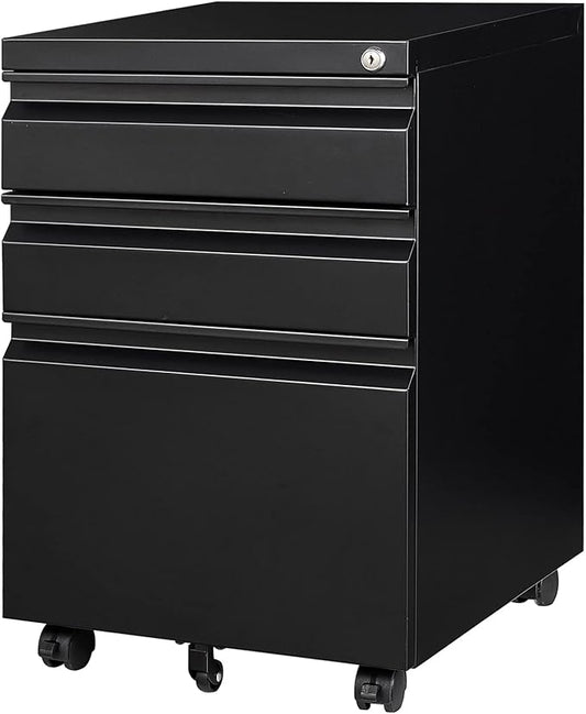 Yizosh 3 Drawer Mobile File Cabinet with Lock, Black Under Desk Rolling Filing Cabinet, Metal Locking File Cabinet on Wheels for Legal/Letter/A4 File (Full Assemble)