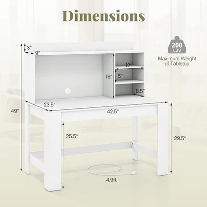 Giantex Computer Desk with Hutch, Modern Home Office Desk with Power Outlets, Storage Shelves & Cable Hole, Makeup Vanity Table, Study Writing Desk for Bedroom Office Small Space, White