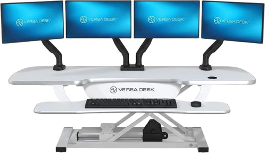 VERSADESK PowerPro 48 Inch Electric Standing Desk Converter – Push-Button Height Adjustable Sit to Stand Desk Riser for Multiple Monitors – Motorized Desktop Workstation with Wide Keyboard Tray, White
