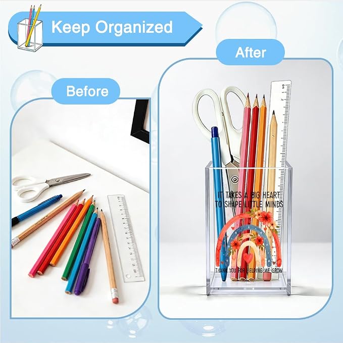 It Takes a Big Heart to Shape Little Minds Rainbow Acrylic Cosmetic Pencil Pen Holder Cup, Office Desk Accessory, Appreciation Retirement Back to School Gifts for Educator Teacher Tutor