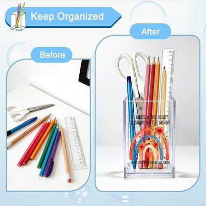 It Takes a Big Heart to Shape Little Minds Rainbow Acrylic Cosmetic Pencil Pen Holder Cup, Office Desk Accessory, Appreciation Retirement Back to School Gifts for Educator Teacher Tutor