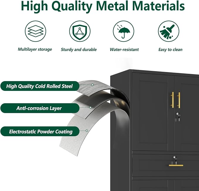 winiowa 71" Tall Metal Garage Storage Cabinet with Wheels and Locking Doors, Locking Rolling Tool Cabinet with Drawer and 3 Adjustable Shelves for Garage,Home,Office-Black