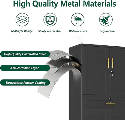 winiowa 71" Tall Metal Garage Storage Cabinet with Wheels and Locking Doors, Locking Rolling Tool Cabinet with Drawer and 3 Adjustable Shelves for Garage,Home,Office-Black