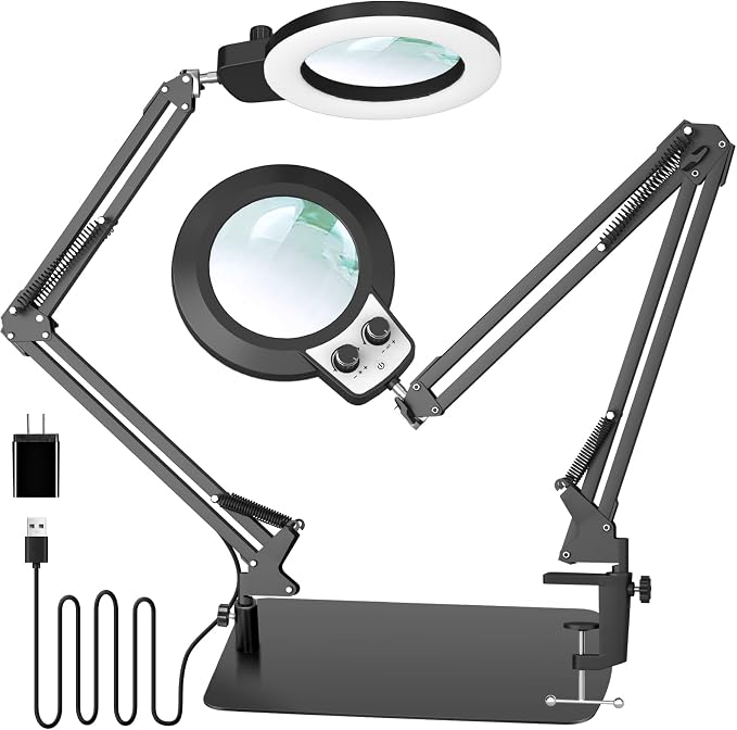 KIRKAS 12X Magnifying Glass with Light and Stand, Overhead Knob Magnifying Lamp for Workbench Craft, Sewing, 2-in-1 LED Lighted Magnifier Real Glass Lens Stepless Dimming and Color(11.8IN Base&Clamp)