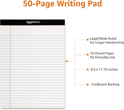 Amazon Basics Legal/Wide Ruled 8-1/2 by 11-3/4 Legal Pad, White, 600 Count (12 Pack of 50 Sheets)