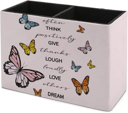 Niapessel Pencil Holder for Desk, Positive Quote Butterflies Pen Holder Storage Desktop Pen Organizer Desk Pencil Organizer Makeup Brush Holder for Office School College Leather