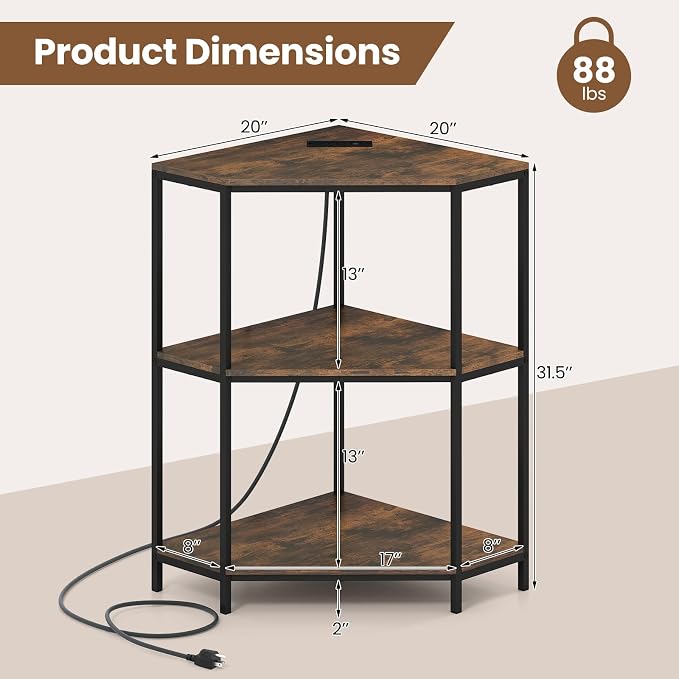 Giantex 2-Pack Corner Printer Stand, 3-Tier Corner Shelf with Charging Station and Metal Frame, Small Industrial Bookshelf, Printer Table for Living Room, Kitchen, Home Office