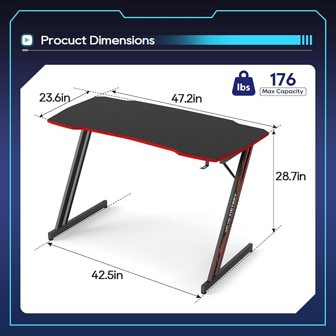 BestOffice Gaming Desk Z Shaped 47 inch PC Computer Desk Computer Workstation Ergonomic Gaming Table with Headphone Hook for Game Players, Black&Red