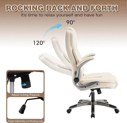 Office Chair with Flip up Arms, Ergonomic PU Leather Executive Office Chairs with Wheels, 90-120° Rocking Office Desk Chair with Lumbar Support, High Back Swivel Home Computer Chairs,Beige