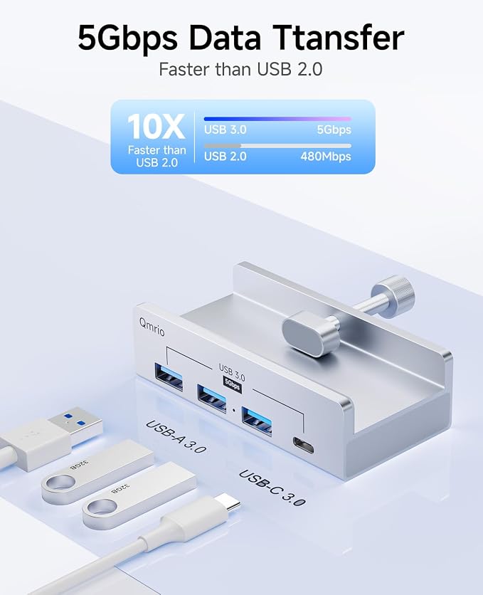 USB Hub 3.0, 5Gbps Clamp USB Hub for Desk/Monitors with Extra Power Supply Port, 3 USB-A Data Ports, USB-C Data Port for iMac Pro/iMac (Silver)