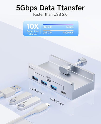 USB Hub 3.0, 5Gbps Clamp USB Hub for Desk/Monitors with Extra Power Supply Port, 3 USB-A Data Ports, USB-C Data Port for iMac Pro/iMac (Silver)