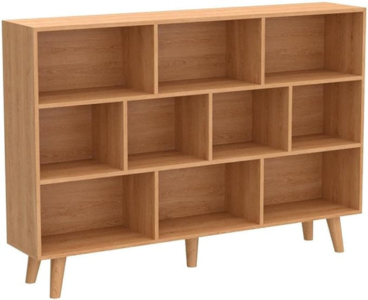 IOTXY Wooden Open Shelf Bookcase - 3-Tier Floor Standing Display Cabinet Rack with Legs, 10 Cubes Bookshelf, Pear Yellow