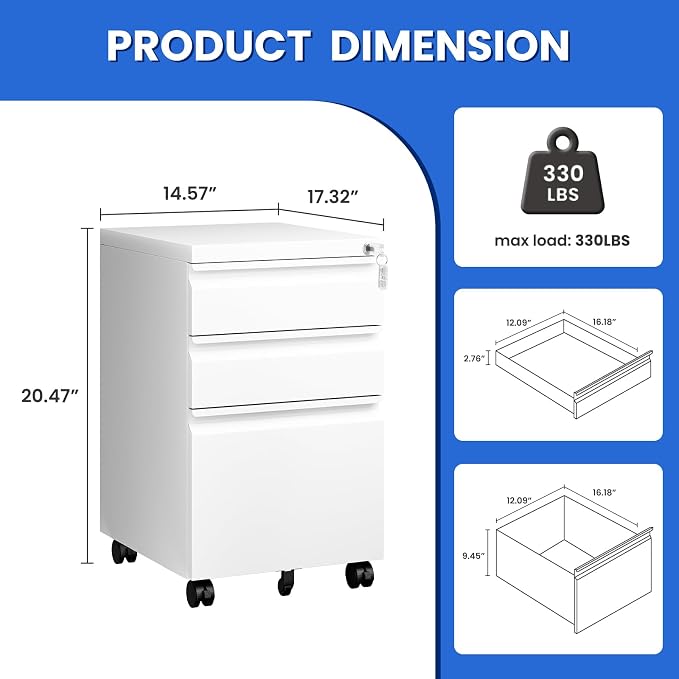 MIIIKO White Filing Cabinet 3 Drawers on Wheels Under Desk, Metal Rolling File Cabinet with Lock for Home Office, Small Mobile File Cabinet for Letter Legal File Folders, Un-Assembled