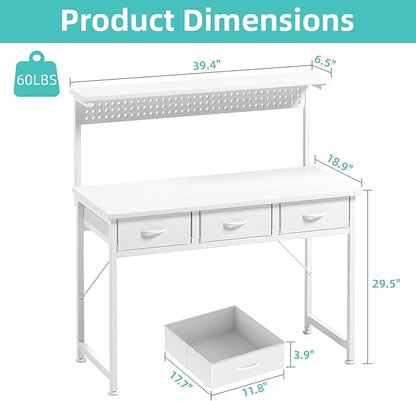 MUTUN Computer Desk with Drawers, 40 Inch Computer Desk with Power Outlet & LED Light, Gaming Desk with Adjustable Monitor Stand & Pegboard, Modern PC Study Writing Table for Bedroom, White