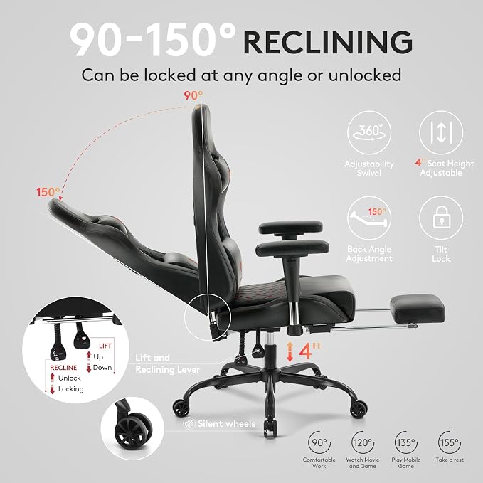 Gaming Chair,Computer Office Chair with Footrest,Massage Lumbar Support and Gel Pad,Ergonomic Reclining Leather Gamer Chair with Headrest,Adjustable Armrests and Spring Cushion Black Red