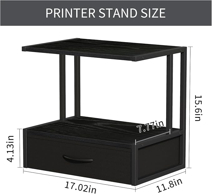 Printer Stand with Storage for Desk, with Fabric Drawer Desktop Printer Stand Shelf Organzier for Home Office, for Above and Under Desk Printer Table, Fax Machine Copier Scanner, Black