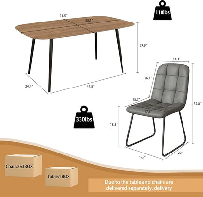 HIPIHOM 55.1'' Dining Table Set for 4,Modern Wood Dining Table,Leather Dining Chairs 4,Table and Chairs Set of 4,Ideal for Kitchen Dining Room (Walnut Color Table + 4 U-Shaped Gray Chairs, 55.1")