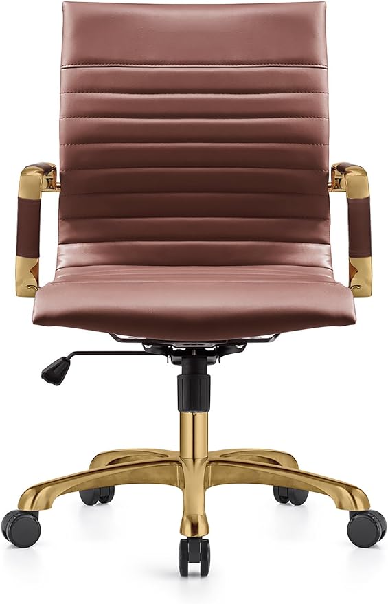LeisureMod Harris Modern Ergonomic Executive Office Chair, High-Back Leather Conference Desk Chair with Adjustable Height, Tilt Control, 360° Swivel & Gold Frame for Home Office