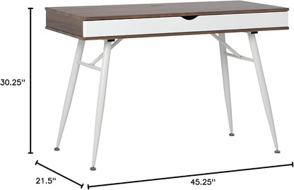 Calico Designs Alcove Modern Desk with Large Split Drawer Storage, White/Chestnut