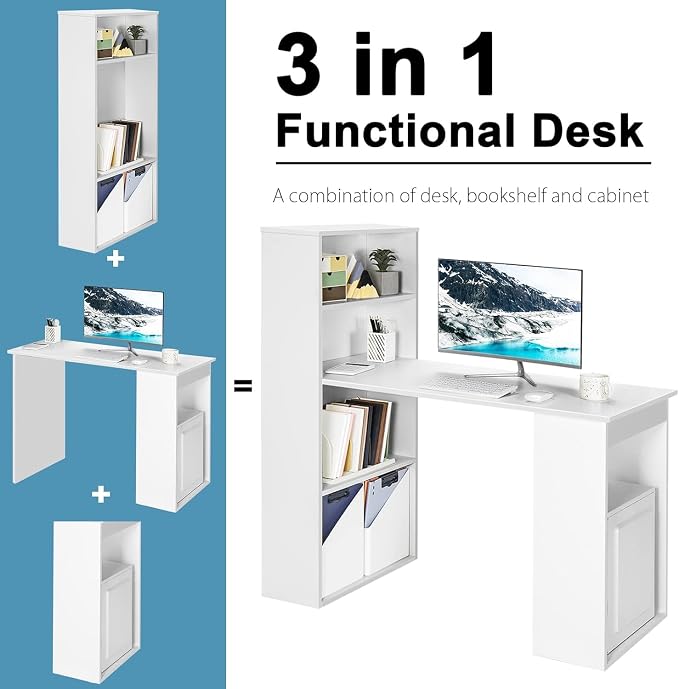 LDAILY Computer Desk with Bookshelf, 48” Modern Office Desk w/ 6-Tier Storage Shelves, CPU Stand, Wider Base, 3-in-1 Reversible Study Table, Writing Desk for Home Office, Bedroom, Study Room (White)