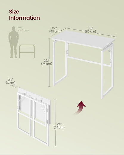 VASAGLE Folding Desk, Foldable Computer Desk, One-Piece Desktop, Rounded Edges, Small Folding Craft Table for Bedroom, Balcony, Camping, Easy Assembly, 31.5 x 15.7 Inches, Matte White ULWD151WF01