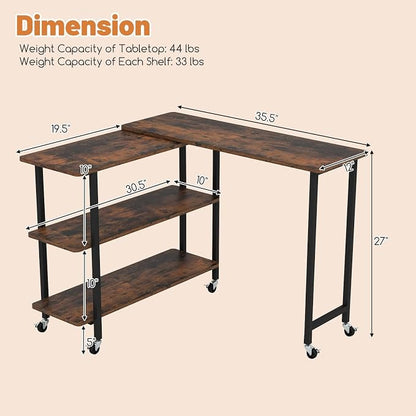 GOFLAME 360° Rotating Sofa Side Table, Mobile Couch Side End Table with 2-Tier Shelves, Swivel Rolling Desk w/Metal Frame, 6 Casters, Movable Laptop Table for Home Office, Patented, Rustic Brown